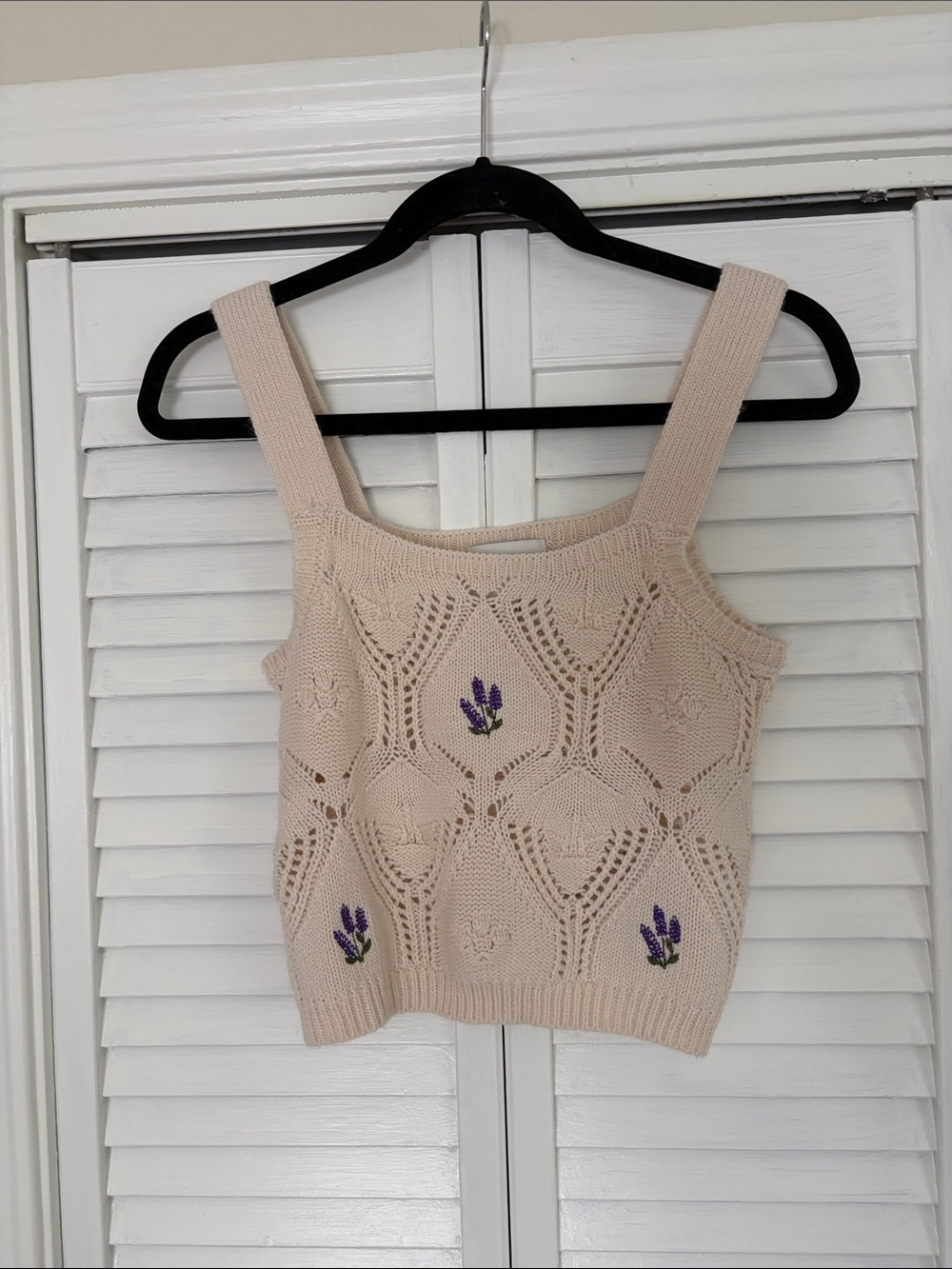 Pink Rose Cream Crochet Knit Camisole with Lavender Embroidery